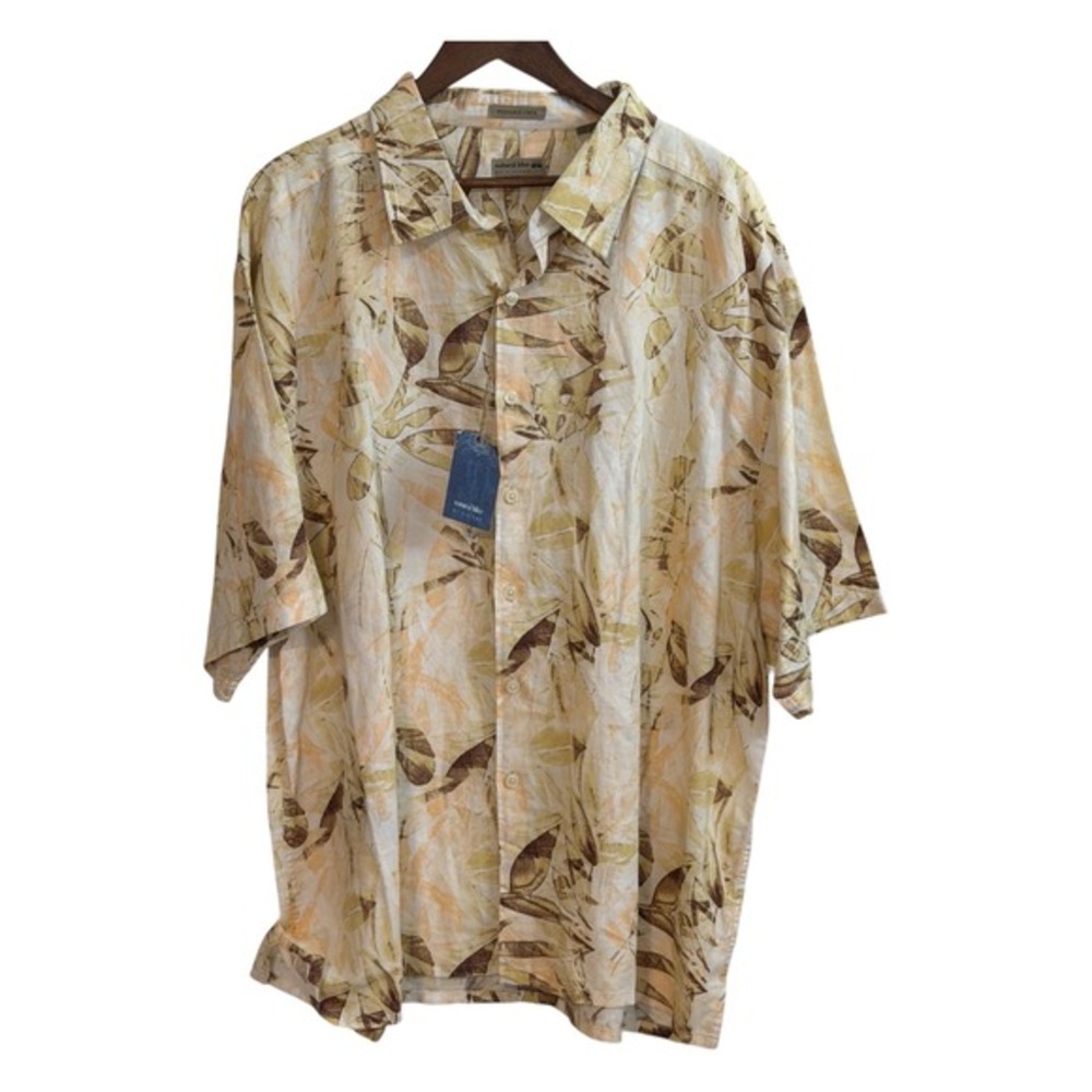 Natural Blue Button Up Shirt Mens 3X Melon BT Linen Blend Tropical Floral NEW‎